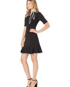 Adrianna Papell Knit Crepe Tie Neck Flounce Dress Black/Ivory New