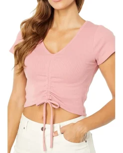 BCBGeneration Knit Drawstring Short Sleeve Top T1TX3T54 Mauve Sale