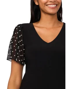 CeCe Knit V-Neck Combo Pearl Sleeve Top Rich Black Outlet