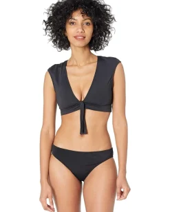 Bleu Rod Beattie Kore Tie Front Cap Sleeve Crop Top with Removable Cups Black Sale