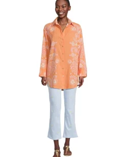 Lilly Pulitzer Kwitney Long-Sleeve Cover Papaya Breezy Palm Engineered Coverup Best