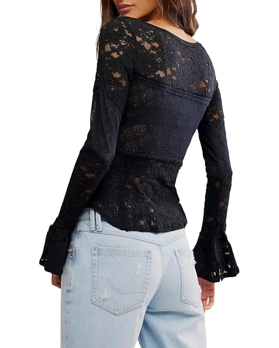 Free People Lace Layering Long Sleeve Black Discount
