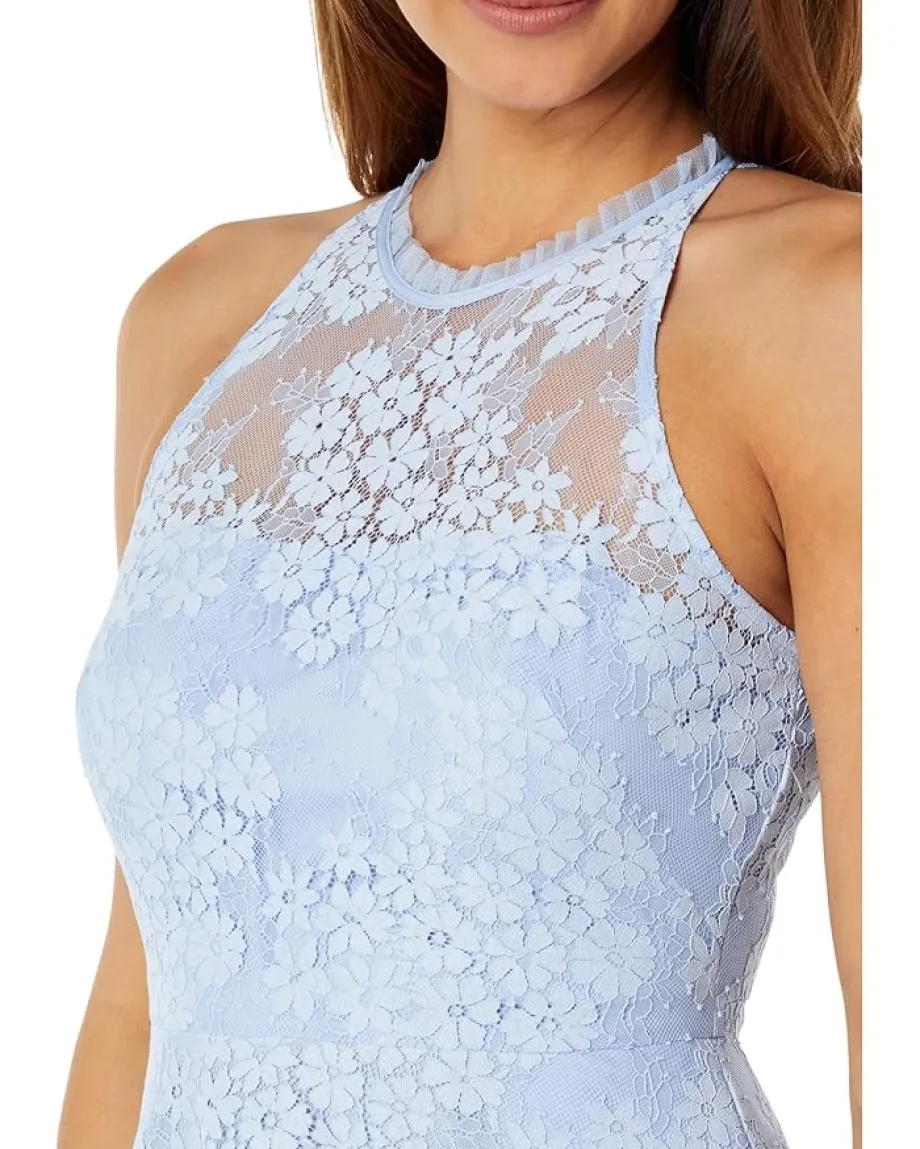 Vince Camuto Lace Ruffle Halter Neck Fit-and-Flare Midi Blue Hot