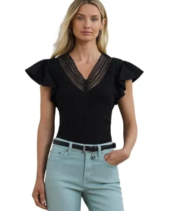 Lauren Ralph Lauren Lace-trim Jersey Flutter-sleeve Tee Black Online