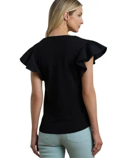 Lauren Ralph Lauren Lace-trim Jersey Flutter-sleeve Tee Black Online