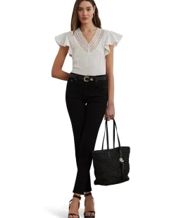 Women Lauren Ralph Lauren Lace-trim Jersey Flutter-sleeve Tee