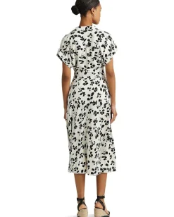 Lauren Ralph Lauren Leaf-Print Belted Crepe Dress Cream/Black Clearance