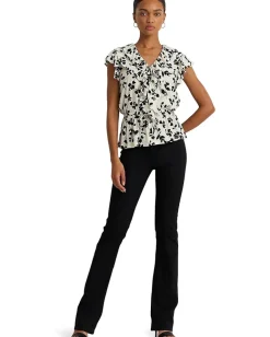 Women Lauren Ralph Lauren Leaf-Print Ruffle-Trim Jersey Peplum Top