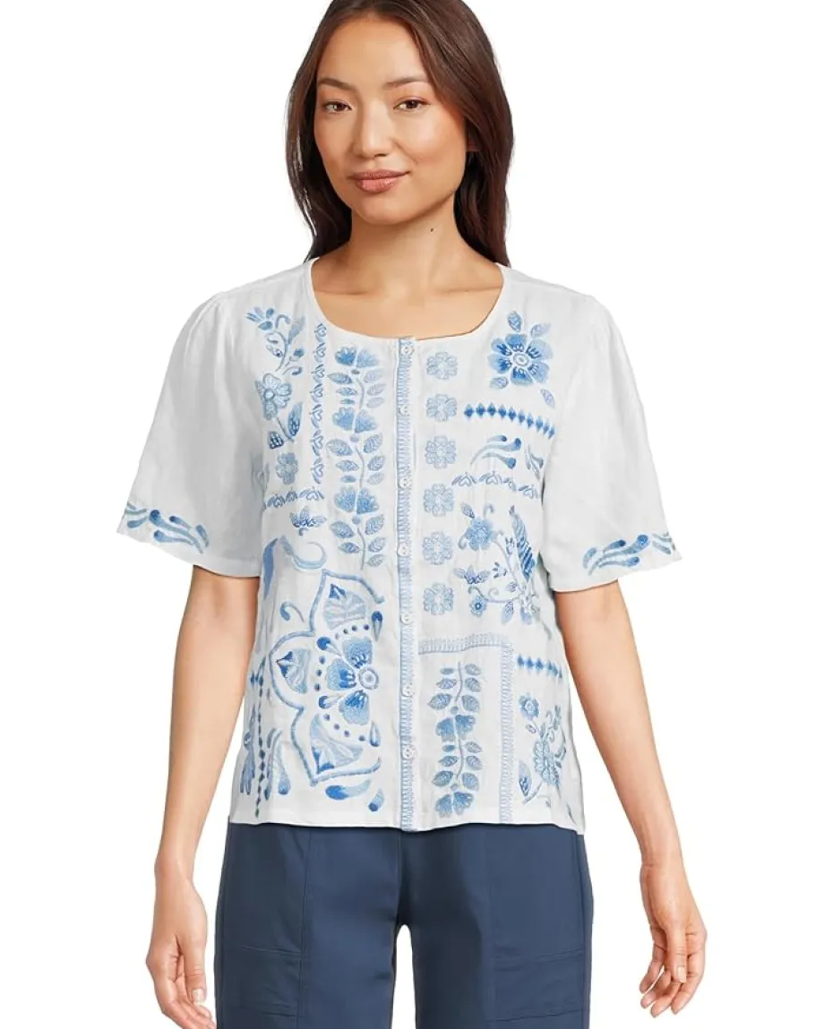 Women Johnny Was Linen Flutter Sleeve Blouse- Yadira