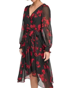 DKNY Long Balloon Sleeve with Wrap Skirt Black/Scarlet Best