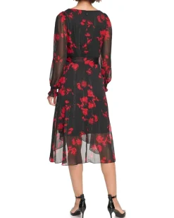 DKNY Long Balloon Sleeve with Wrap Skirt Black/Scarlet Best