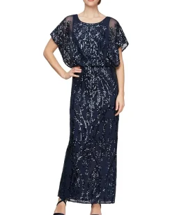 Women Alex Evenings Long Blouson Column Dress with Flutter Sleeves