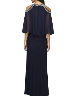 Alex Evenings Long Chiffon Cold-Shoulder Popover Dress Navy