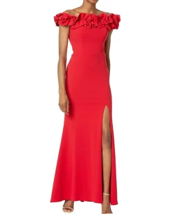 Women XSCAPE Long Crepe Over-the-Shoulder Ruffle Gown