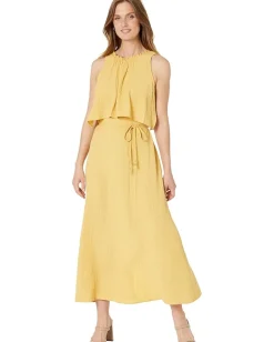 Calvin Klein Long Dress with Overlay Bodice Light Ochre Clearance