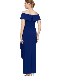 Women Alex Evenings Long Off-the-Shoulder Dress With Fold-Over Cuff, Embellishment Detail at Hip and Cascade Ruffle Skirt