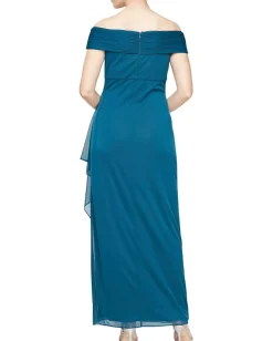 Alex Evenings Long Off-the-Shoulder Mesh Dress with Embellished Neckline Peacock