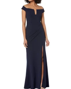 Women XSCAPE Long Off-the-Shoulder Scuba Crepe U-Front Dress