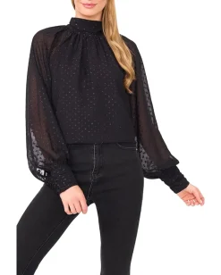 CeCe Long Sleeve Bow Neck Clip Dot Blouse Rich Black Best