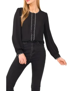 CeCe Long Sleeve Button Down Contrast Scalloped Top Rich Black