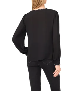 CeCe Long Sleeve Button Down Contrast Scalloped Top Rich Black