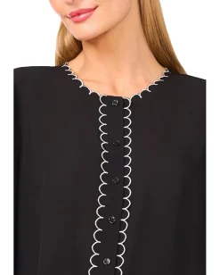 CeCe Long Sleeve Button Down Contrast Scalloped Top Rich Black