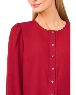 CeCe Long Sleeve Button Down Scalloped Top Mulberry Red Outlet