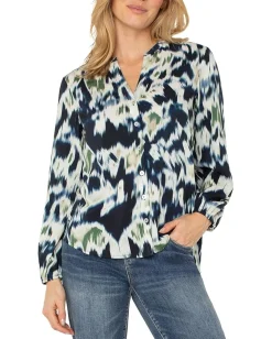 Liverpool Los Angeles Long Sleeve Button Front Shirred Woven Blouse Navy Multi Ikat