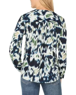 Liverpool Los Angeles Long Sleeve Button Front Shirred Woven Blouse Navy Multi Ikat