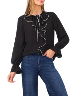 CeCe Long Sleeve Button-Down Ruffle Top Rich Black Clearance