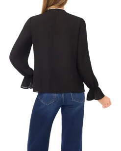 CeCe Long Sleeve Button-Down Ruffle Top Rich Black Clearance