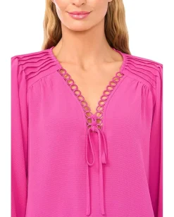 Women CeCe Long Sleeve Circular Trim Pintuck Top