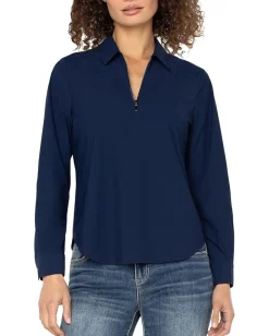 Liverpool Los Angeles Long Sleeve Collared Zip Front Knit Shirt Dark Navy Online