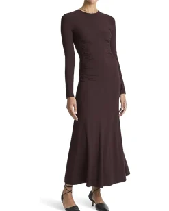 Vince Long Sleeve Crew Curved Seam Rouched Dress Dark Fig Best