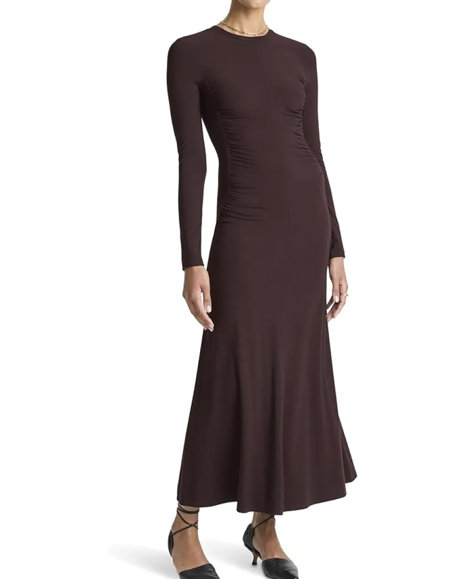 Vince Long Sleeve Crew Curved Seam Rouched Dress Dark Fig Best