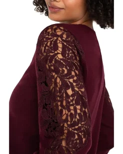 Liverpool Los Angeles Long Sleeve Crew Neck Lace Inset Knit Top Burgundy Best