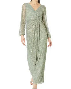 Women Adrianna Papell Long Sleeve Crinkle Metallic Gown with Draped Waist Detail