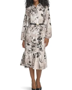 Women Calvin Klein Long Sleeve Dot Crepe Belted Bubble Hem Midi