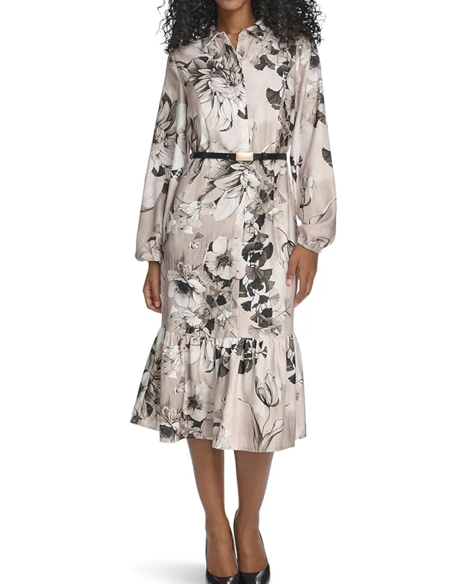 Women Calvin Klein Long Sleeve Dot Crepe Belted Bubble Hem Midi