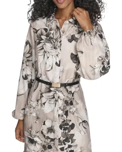 Women Calvin Klein Long Sleeve Dot Crepe Belted Bubble Hem Midi