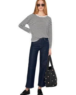 Mod-o-doc Long Sleeve Drop Shoulder Boxy Crew Neck Tee Ivory/Charcoal Stripe Hot