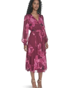 Calvin Klein Long Sleeve Faux Wrap V-Neck Midi Rosewood Multi Online