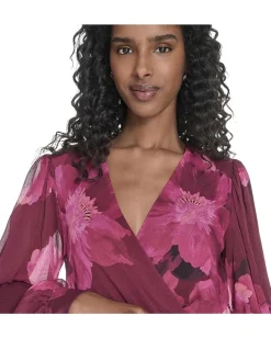 Calvin Klein Long Sleeve Faux Wrap V-Neck Midi Rosewood Multi Online