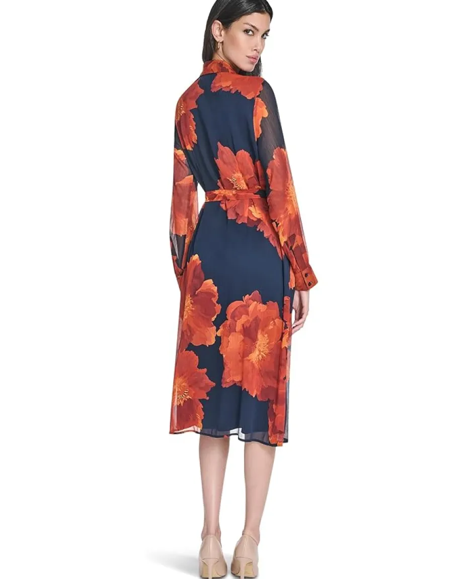 Women Calvin Klein Long Sleeve Floral Chiffon Midi with Self Tie
