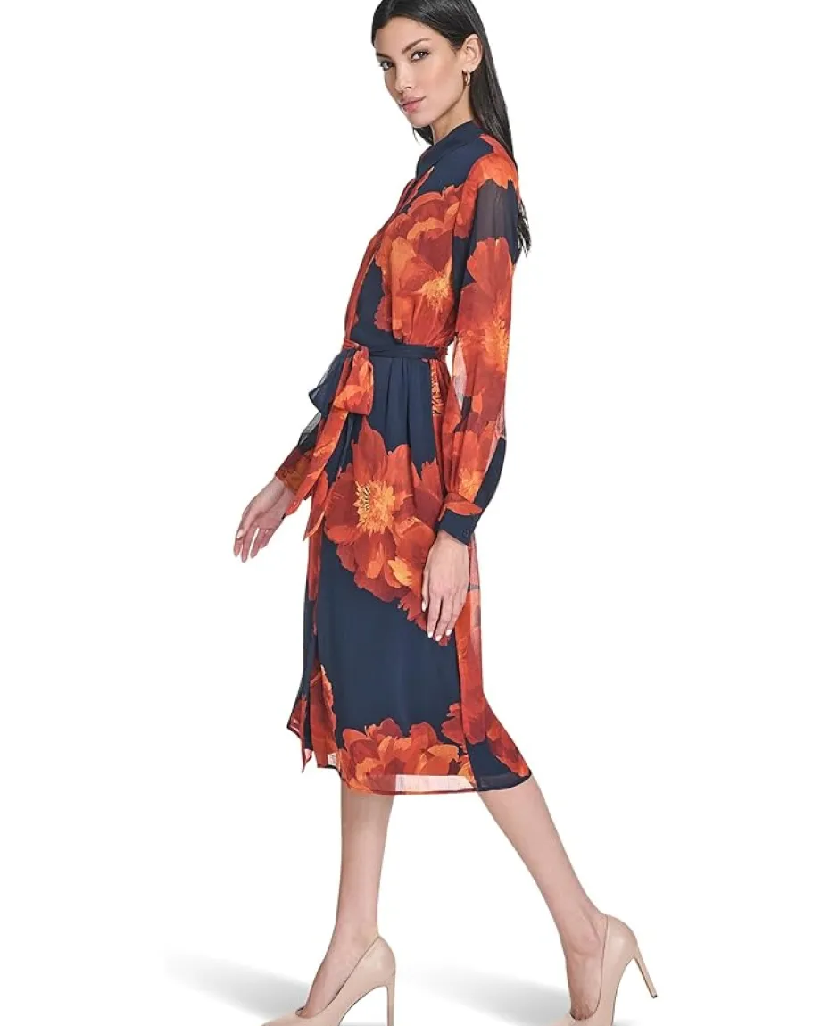 Women Calvin Klein Long Sleeve Floral Chiffon Midi with Self Tie