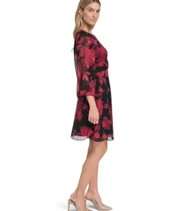 Calvin Klein Long Sleeve Floral Chiffon A-Line Black/Red Multi Discount