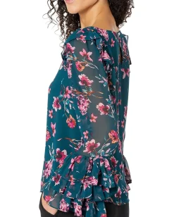 CeCe Long Sleeve Floral Moment Blouse w/ Ruffle Cuff Vivid Teal