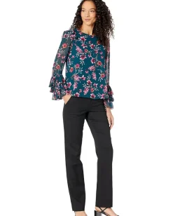 CeCe Long Sleeve Floral Moment Blouse w/ Ruffle Cuff Vivid Teal