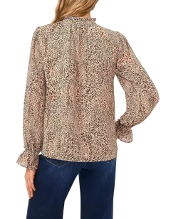 Women CeCe Long Sleeve Leopard Ruffled Top