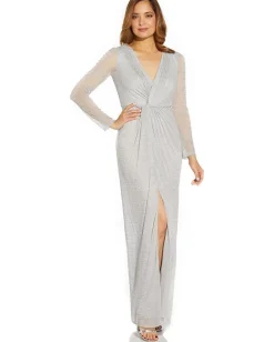 Adrianna Papell Long Sleeve Metallic Mesh Long Mother-of-the-Bride Gown Coastal Fog New